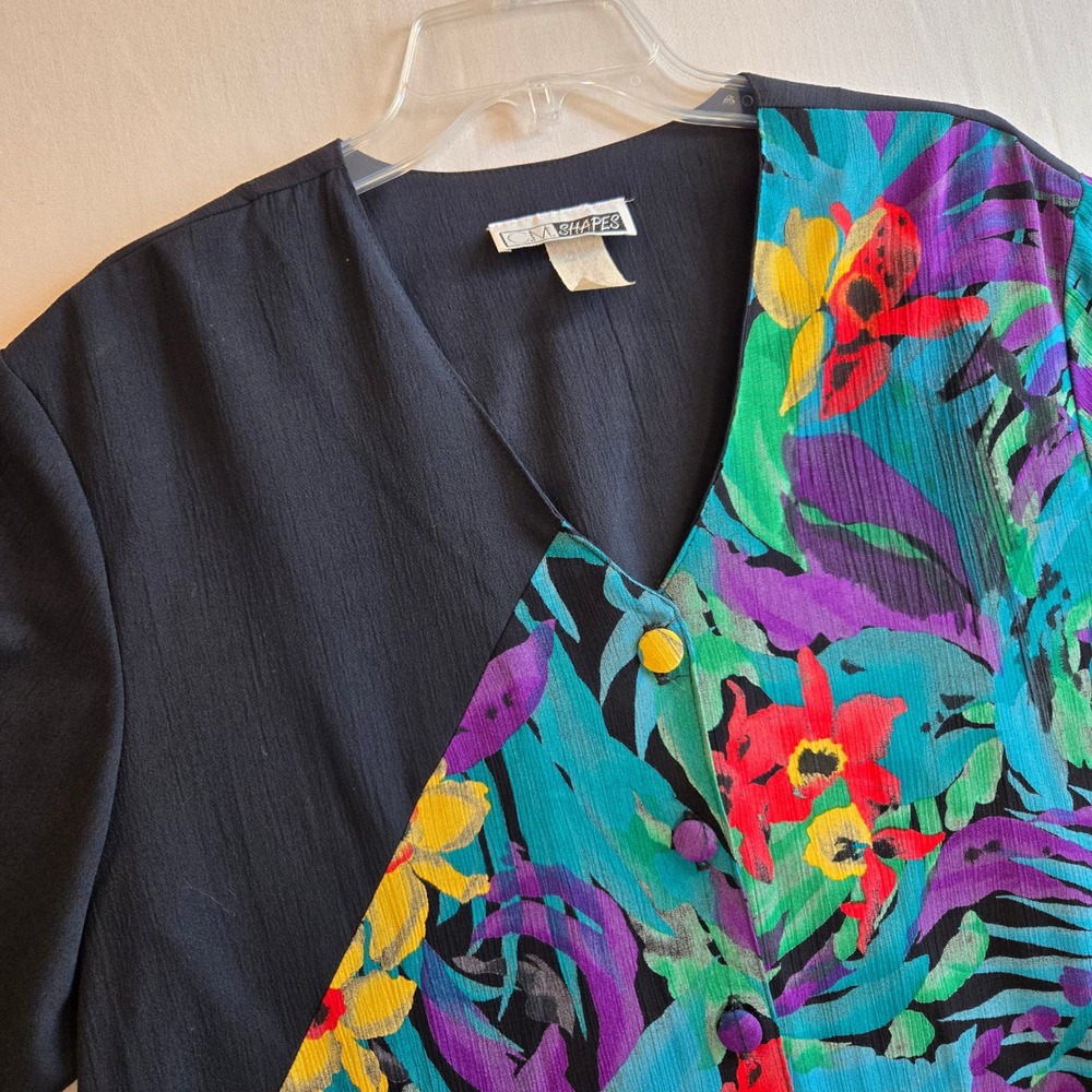 Vintage Floral Print Button Down Short Sleeve‎ Top Colorful Artsy Tropicalcore - Picture 8 of 8